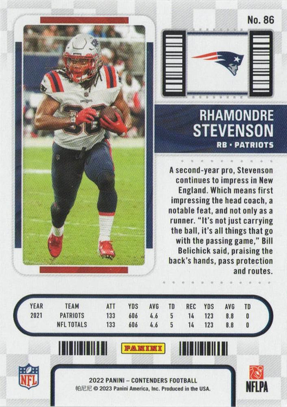 2022 Panini Contenders Rhamondre Stevenson New England Patriots #86