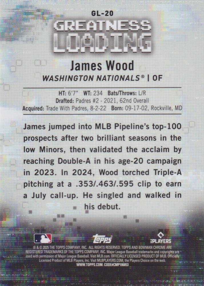 2025 Topps Bowman Greatness Loading James Wood #GL-20 Washington Nationals