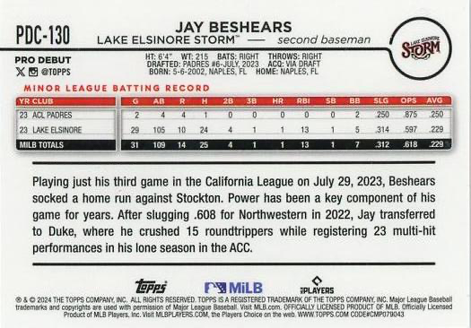 2024 Topps Pro Debut Chrome Refractor Jay Beshears #PDC-130 Lake Elsinore Storm