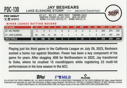 2024 Topps Pro Debut Chrome Refractor Jay Beshears #PDC-130 Lake Elsinore Storm