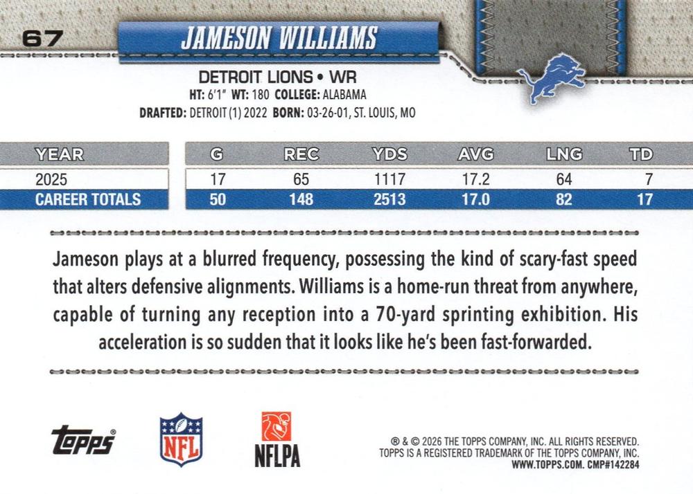 2026 Topps Flagship Jameson Williams #67 Detroit Lions