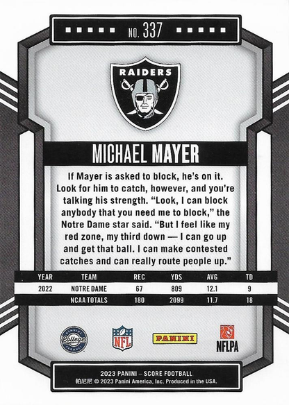 2023 Panini Score Football Michael Mayer Las Vegas Raiders #337 RC