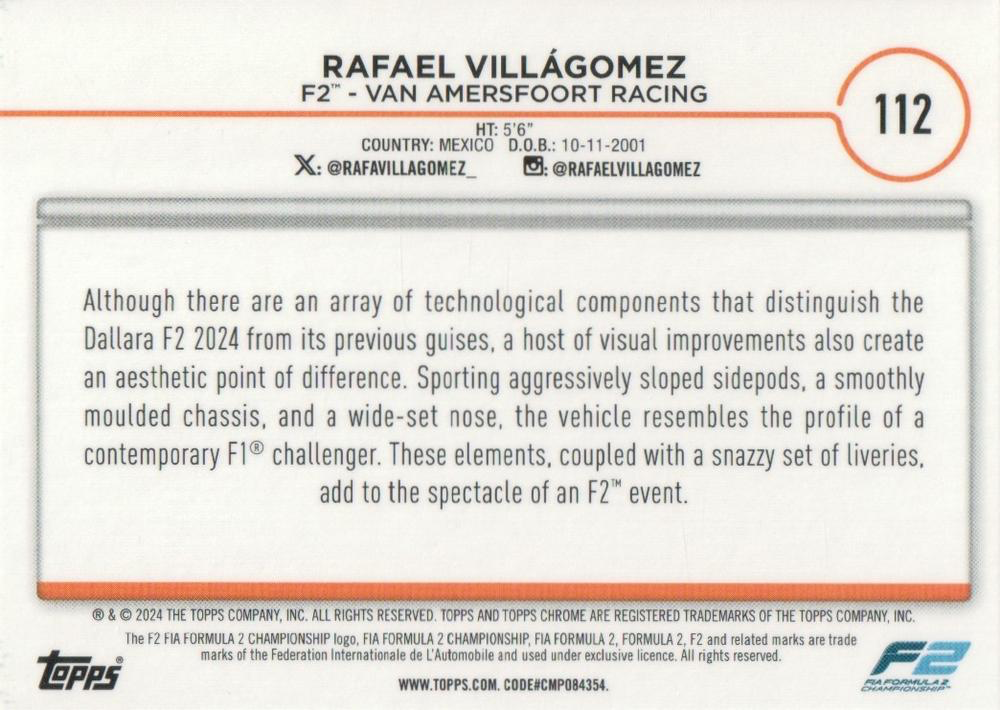 2024 Topps Chrome Formula 1 Rafael Villagomez F2C #112 Van Amersfoort Racing