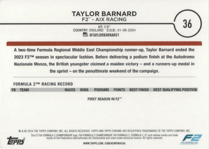 2024 Topps Chrome Formula 1 Taylor Barnard F2D #36 Aix Racing