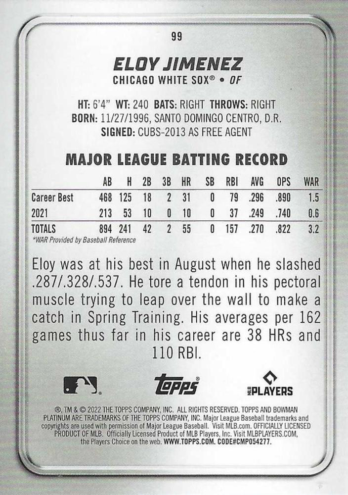 2022 Topps Bowman Platinum Eloy Jiménez Chicago White Sox #99