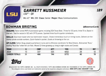 2025 Topps Bowman U Chrome Garrett Nussmeier #189 LSU Tigers