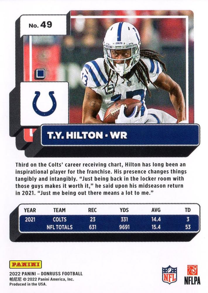 2022 Panini Donruss T.Y. Hilton #49 Indianapolis Colts