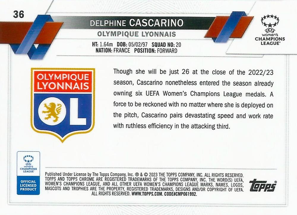 2022 Topps Chrome UCC Women's Delphine Cascarino RC #36 Olympique Lyonnais Feminin