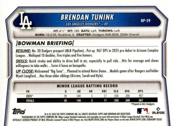 2026 Topps Bowman Prospects Brendan Tunink 1st #BP-59 Los Angeles Dodgers