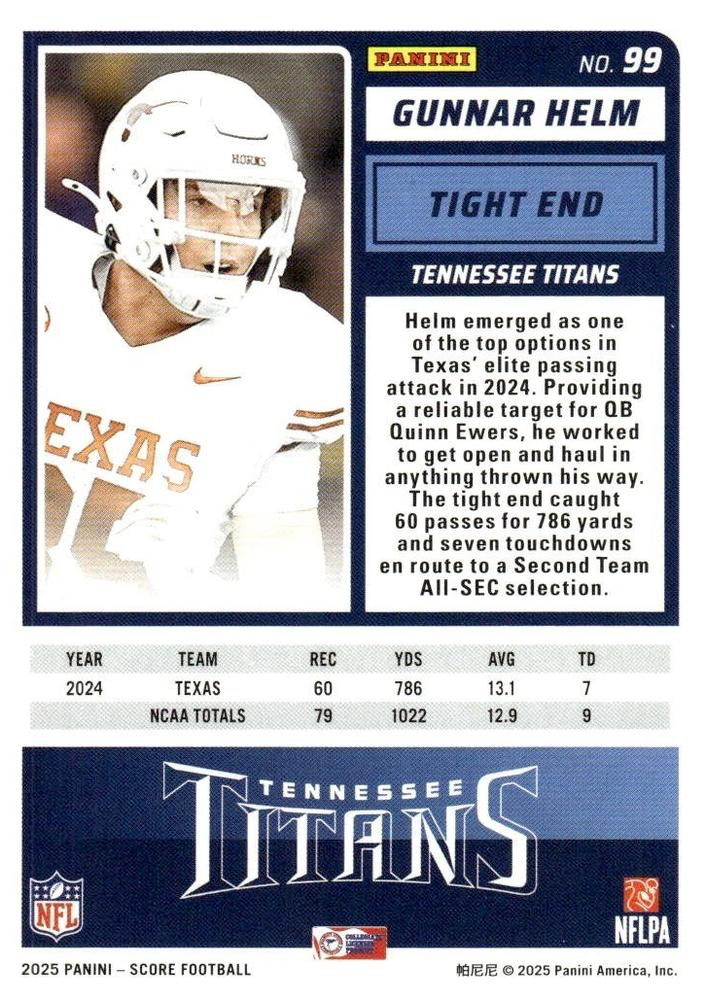 2025 Panini Score Gunnar Helm RC #99 Tennessee Titans