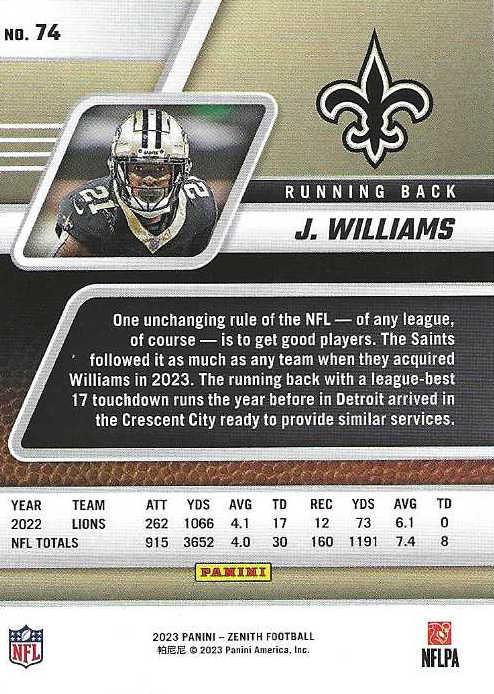 2023 Panini Zenith Jamaal Williams #74 New Orleans Saints