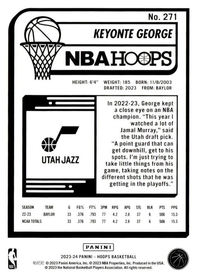 2023 Panini Hoops Keyonte George RC #271 Utah Jazz