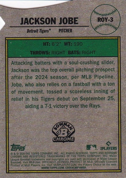 2025 Topps Bowman Rookie of the Year Favorites Jackson Jobe #ROY-3 Detroit Tigers