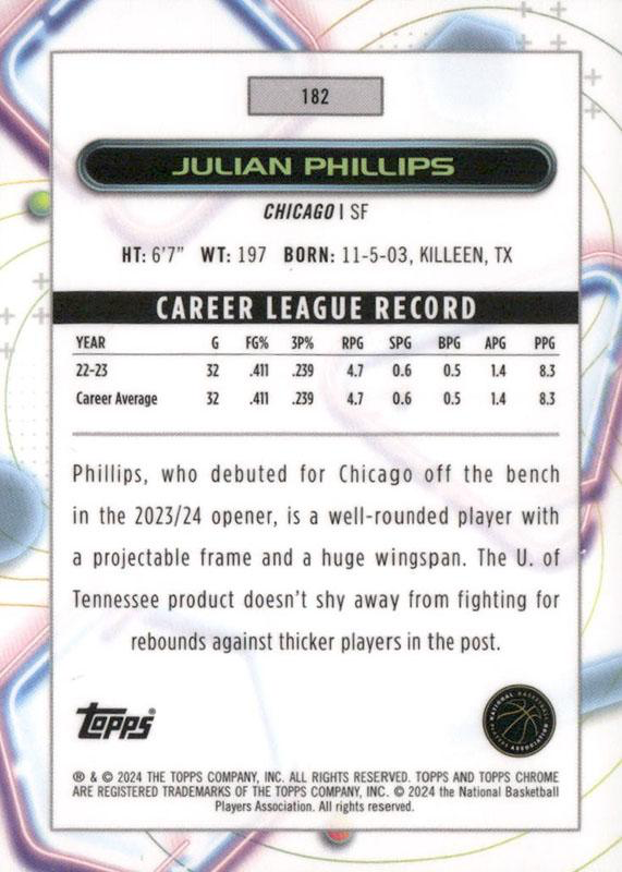 2023 Topps Chrome Cosmic Julian Phillips RC #182 Chicago Bulls