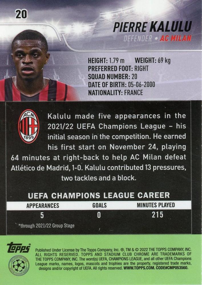 2021 Topps Stadium Club Chrome UCC RC Pierre Kalulu #20 A.C. Milan