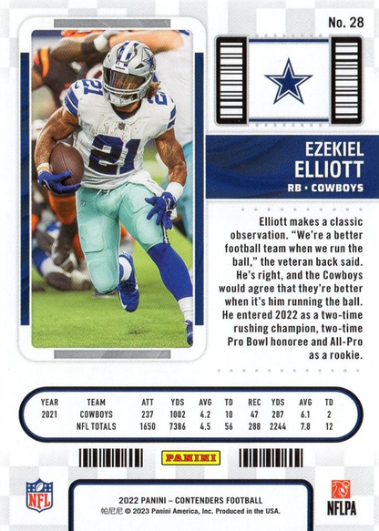 2022 Panini Contenders Ezekiel Elliott #28 Dallas Cowboys