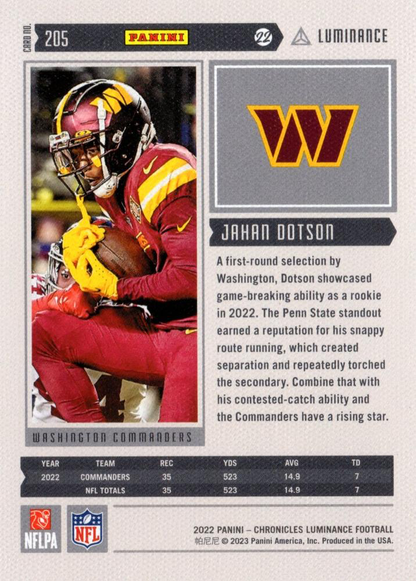 2022 Panini Chronicles Luminance Update Rookies RC Jahan Dotson #205 Washington Commanders