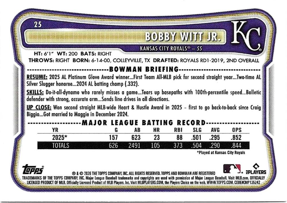 2026 Topps Bowman Bobby Witt Jr. #25 Kansas City Royals