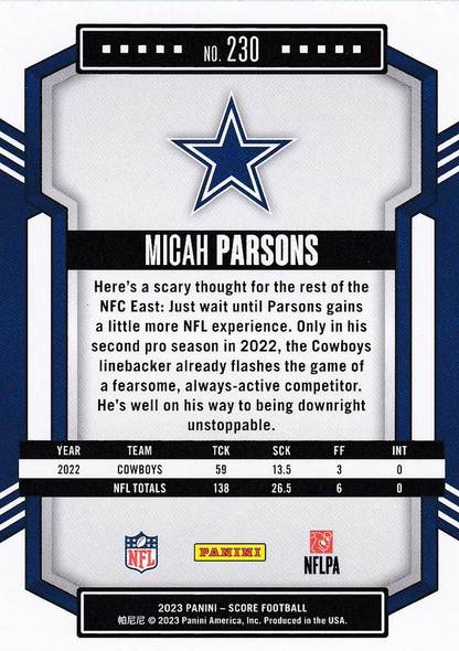 2023 Panini Score Football Micah Parsons Dallas Cowboys #230