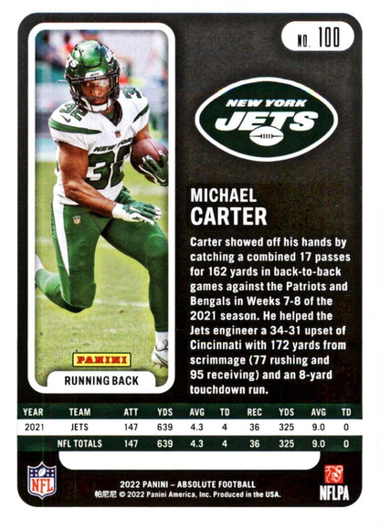 2022 Panini Absolute Green Parallel Michael Carter #100 New York Jets