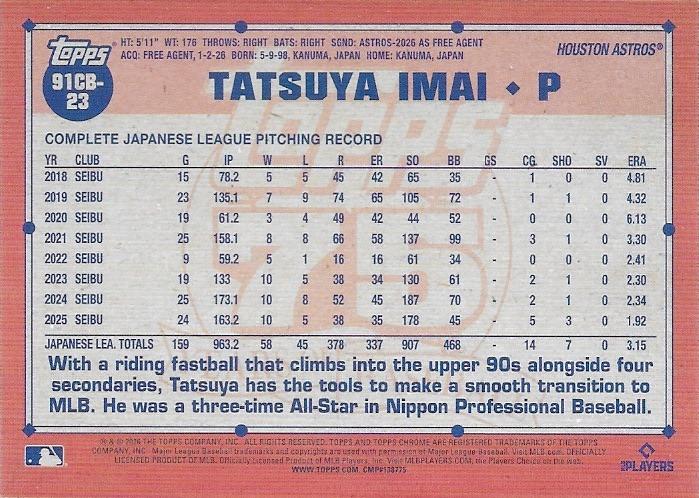 2026 Topps Chrome 1991 35th RC Tatsuya Imai #91CB-23 Houston Astros