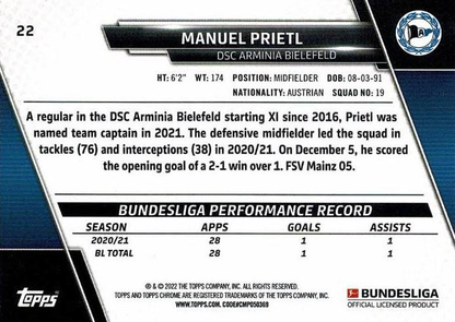2021 Topps Chrome Bundesliga Manuel Prietl #22 DSC Arminia Bielefeld
