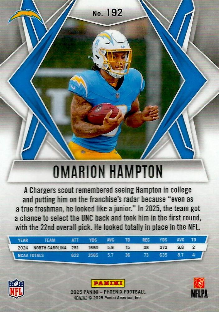 2025 Panini Phoenix RC Omarion Hampton #192 Los Angeles Chargers