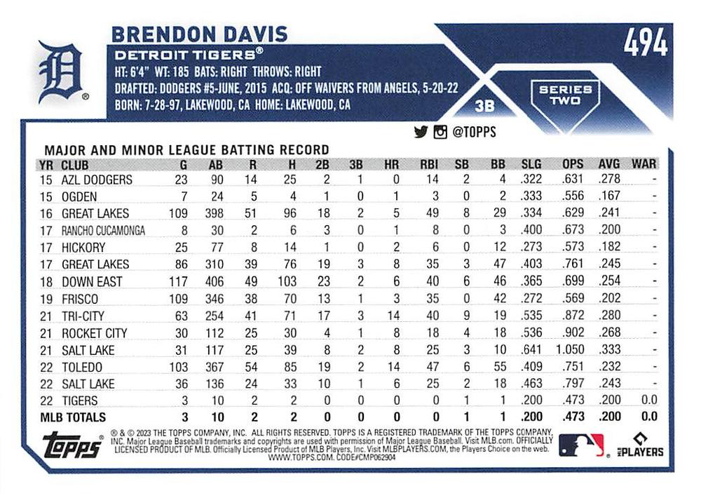 2023 Topps Series 2 Brendon Davis RC Detroit Tigers #494