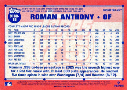 2026 Topps Chrome 1991 35th RC Roman Anthony #91CB-19 Boston Red Sox