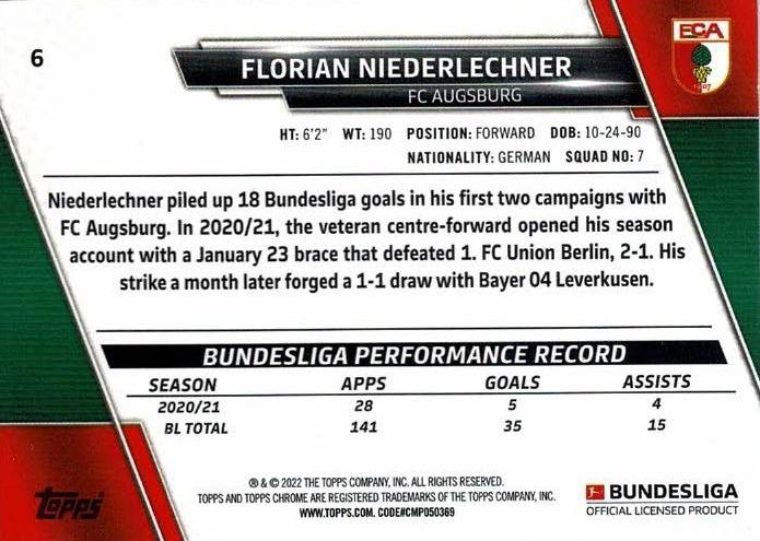 2021 Topps Chrome Bundesliga Florian Niederlechner #6 FC Augsburg
