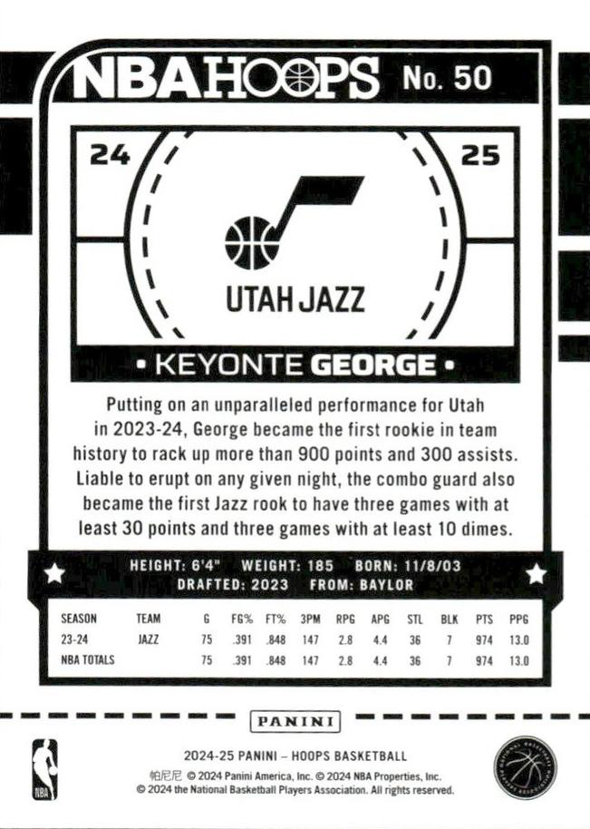 2024 Panini Hoops Keyonte George #50 Utah Jazz