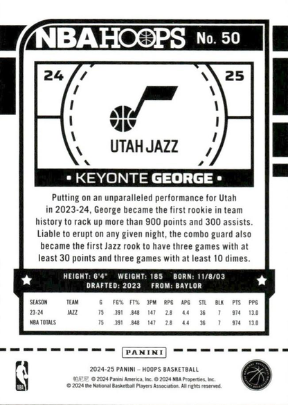 2024 Panini Hoops Keyonte George #50 Utah Jazz
