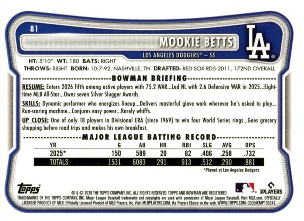 2026 Topps Bowman Mookie Betts #81 Los Angeles Dodgers