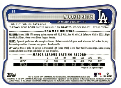 2026 Topps Bowman Mookie Betts #81 Los Angeles Dodgers