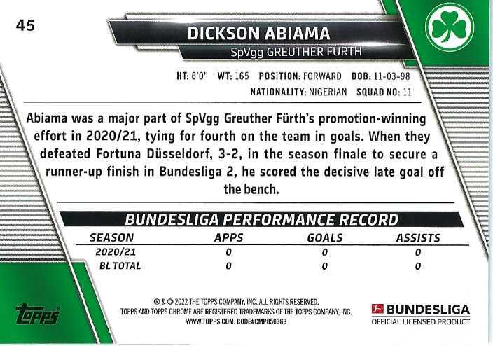 2021 Topps Chrome Bundesliga Dickson Abiama RC #45 SpVgg Greuther Furth