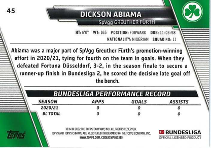 2021 Topps Chrome Bundesliga Dickson Abiama RC #45 SpVgg Greuther Furth