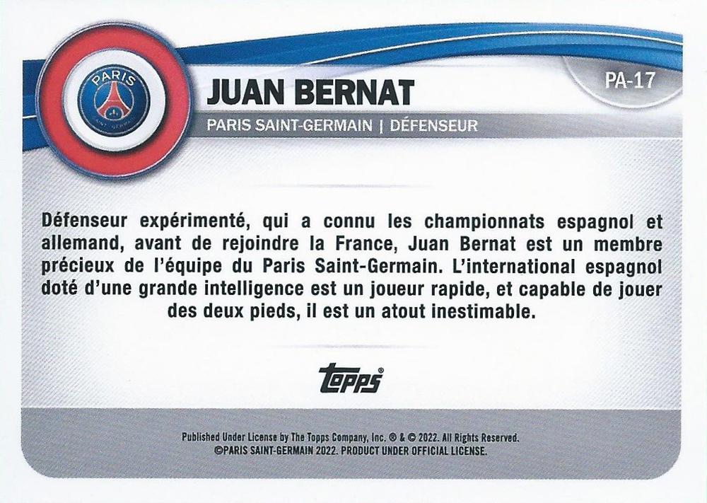 2022 Topps PSG Fan Set Juan Bernat #PA-17 Paris Saint-Germain