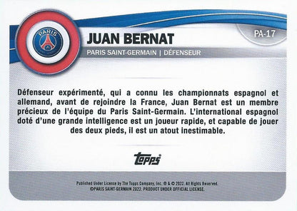 2022 Topps PSG Fan Set Juan Bernat #PA-17 Paris Saint-Germain