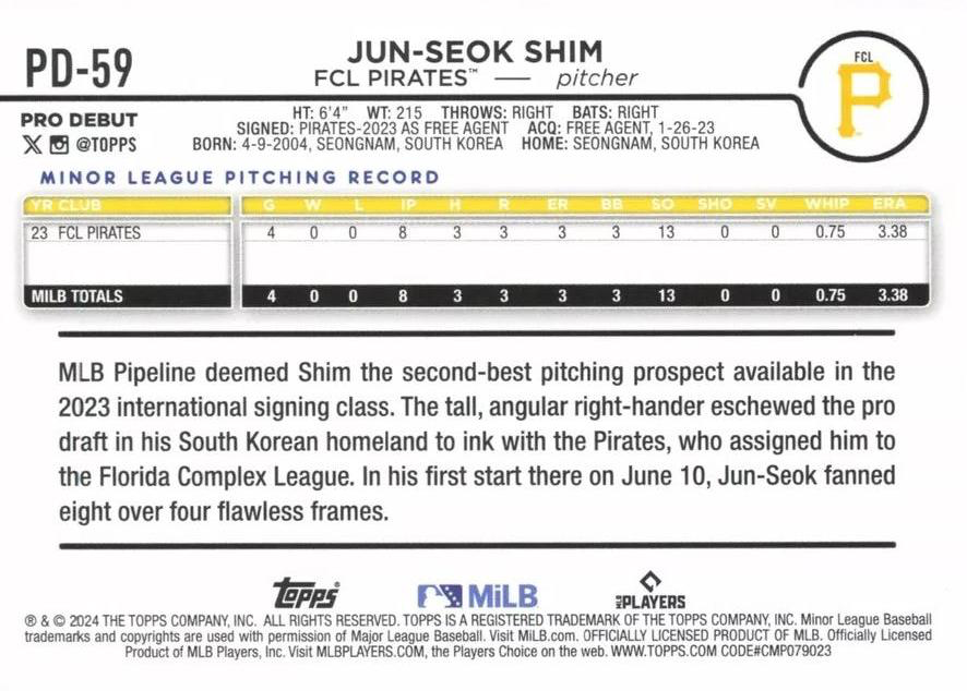 2024 Topps Pro Debut Jun-Seok Shim #PD-59 FCL Pirates