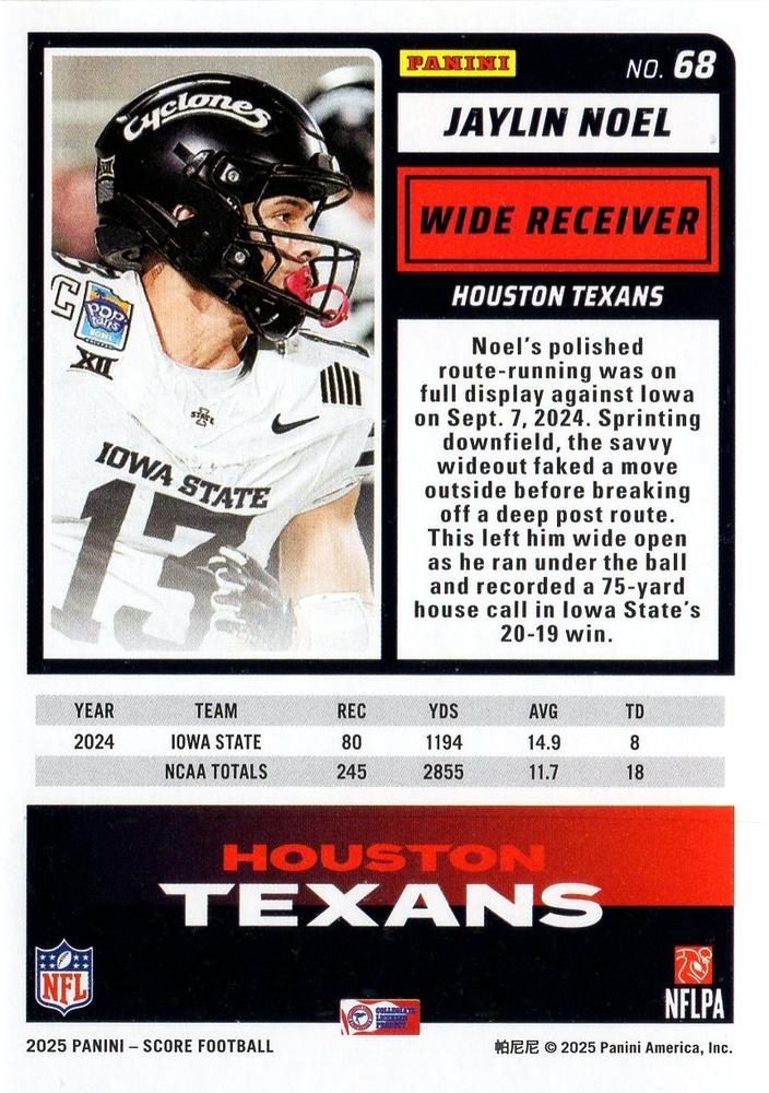 2025 Panini Score Jaylin Noel RC #68 Houston Texans