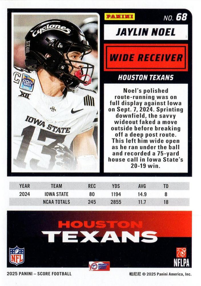 2025 Panini Score Jaylin Noel RC #68 Houston Texans
