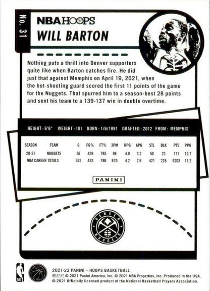 2021 Panini Hoops Will Barton #31 Denver Nuggets