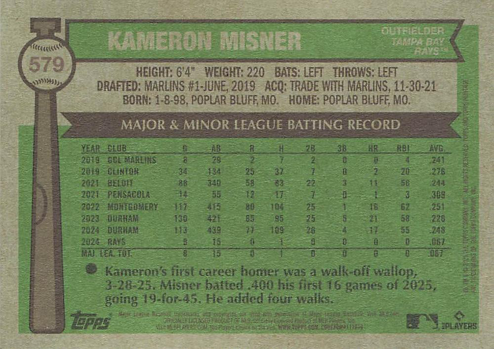 2025 Topps Heritage Blue Kameron Misner RC #579 Tampa Bay Rays