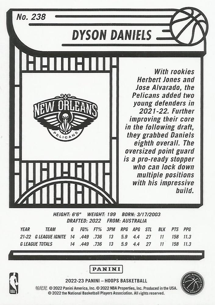2022 Panini Hoops Dyson Daniels RC #238 New Orleans Pelicans