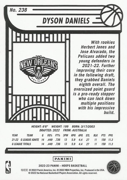 2022 Panini Hoops Dyson Daniels RC #238 New Orleans Pelicans