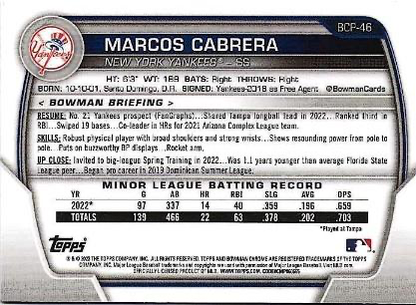 2023 Bowman Chrome Prospects Marcos Cabrera 1st New York Yankees #BCP-46