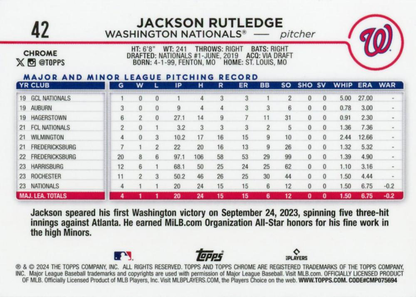 2024 Topps Chrome Jackson Rutledge RC Washington Nationals #42