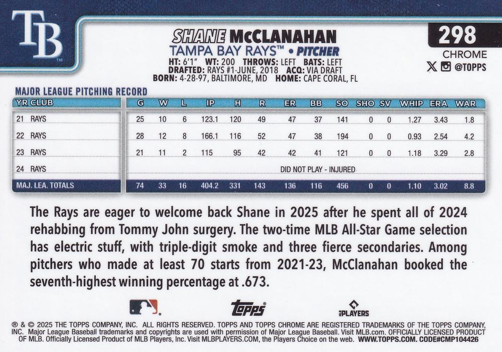 2025 Topps Chrome MLB Shane McClanahan #298 Tampa Bay Rays