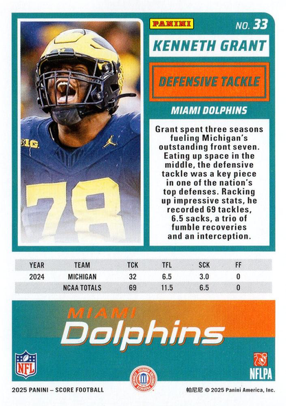 2025 Panini Score Kenneth Grant RC #33 Miami Dolphins