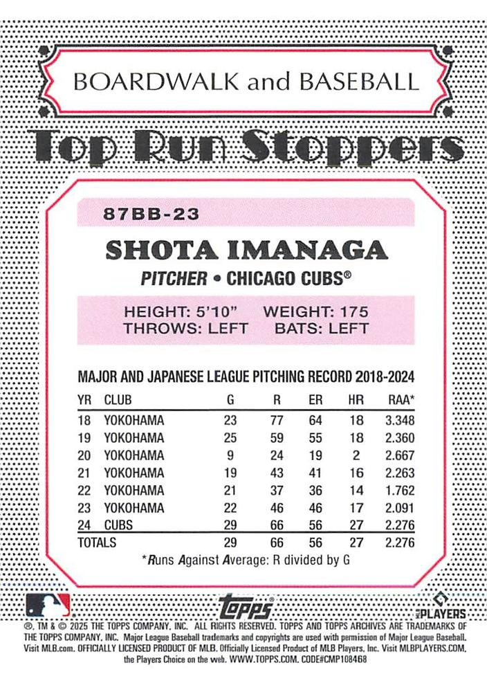 2025 Topps Archives 1987 Topps Boardwalk And Baseball Shota Imanaga #87BB-23 Chicago Cubs